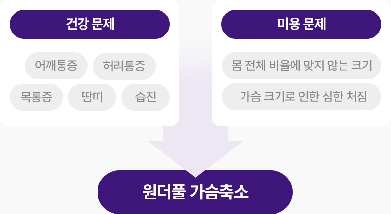 건강문제 어깨통증 허리통증 목통증 땀띠 습진 미용문제 몸 전체 비율에 맞지않는 가슴크기 가슴크기로 인한 심한처짐 원더풀 가슴축소로 해결