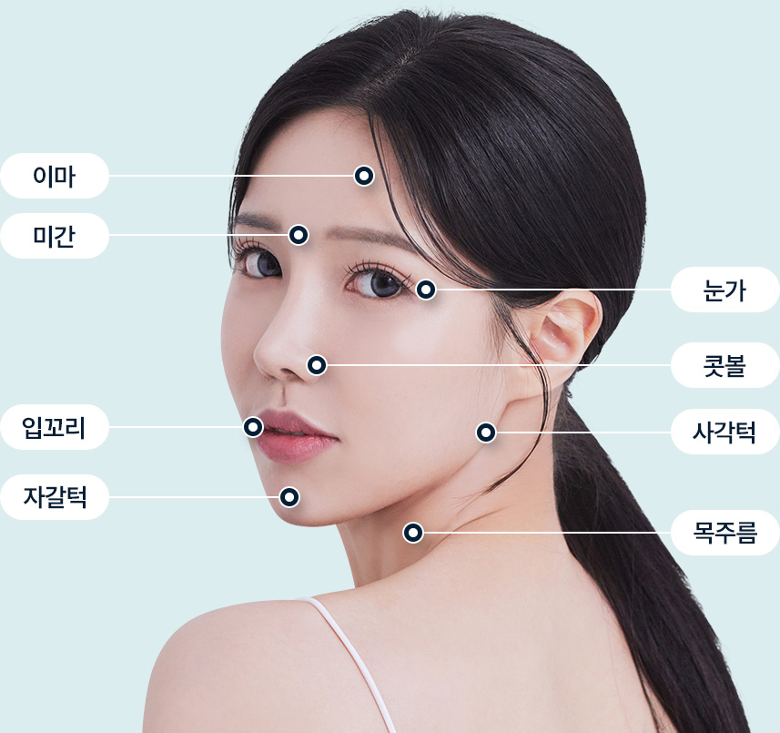 보톡스 시술부위 이마 미간 입꼬리 자갈턱 눈가 콧볼 사각턱 목주름
